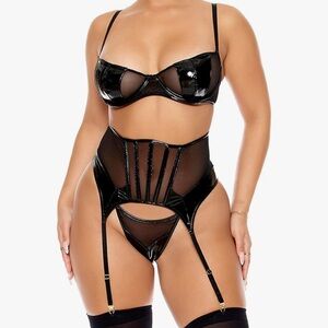 Vinyl vegan patent leather Garter belt bondage fetish harness sexy lingerie bra